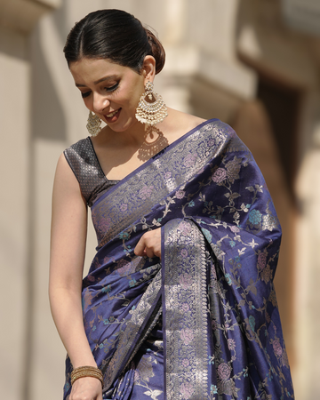 Royal Midnight Blue Banarasi Silk Saree with Intricate Real Zari Work and Timeless Floral Patterns