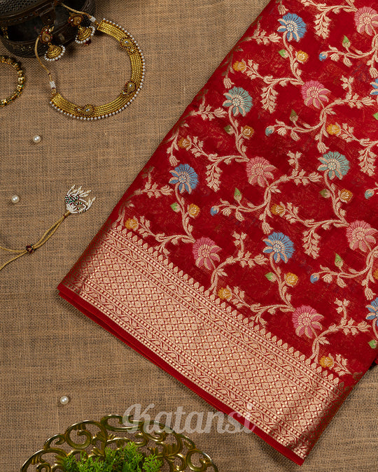 Red Meenakari Jaal Handwoven Banarasi Saree