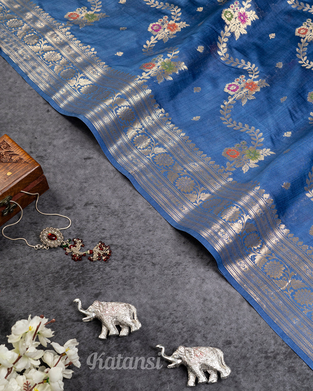 Pale Navy Blue Meenakari Handwoven Banarasi Saree