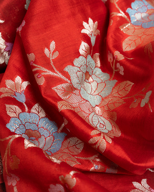 Red Pure Banarasi Saree with Multicolour Floral Meena Weaving