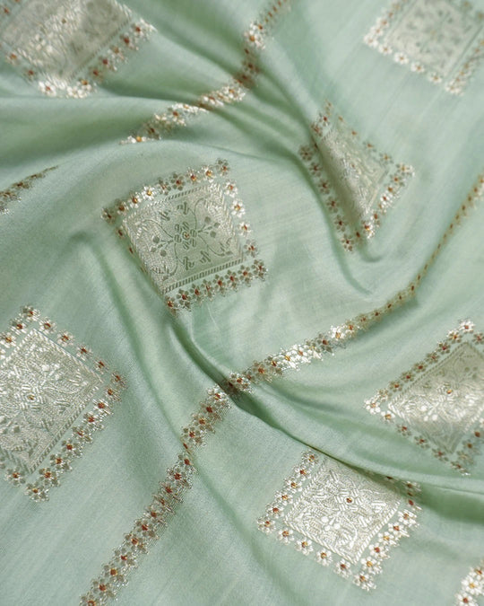 Pastel Green Pure Banarasi Saree with Checkered Weaves