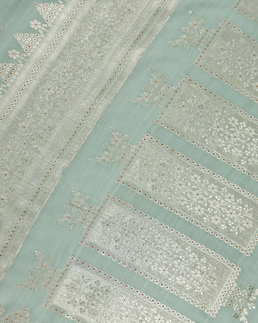 Pastel Green Pure Banarasi Saree with Checkered Weaves
