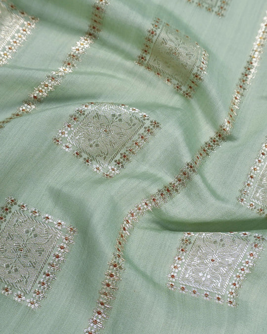 Pastel Green Pure Banarasi Saree with Checkered Weaves