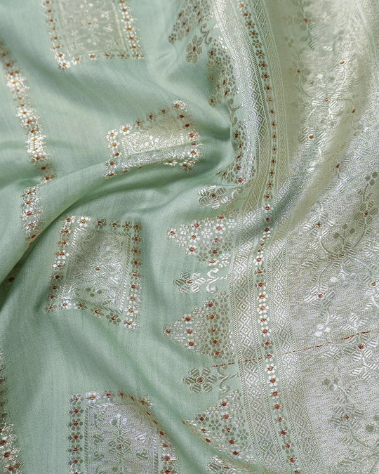 Pastel Green Pure Banarasi Saree with Checkered Weaves