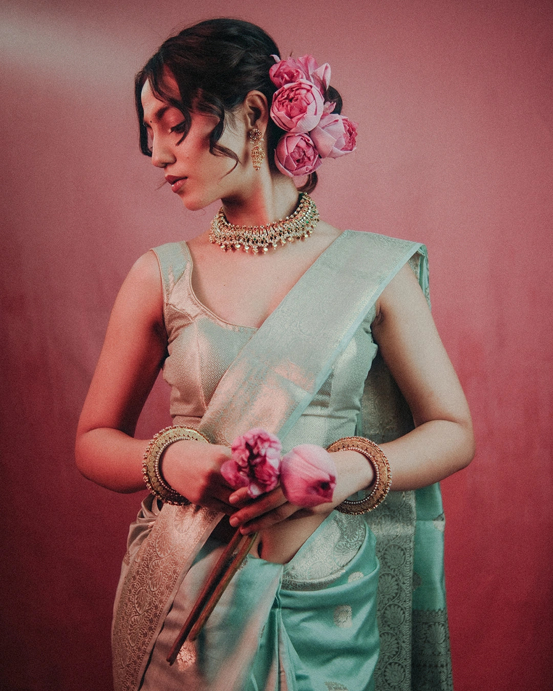 Aqua Green Pure Banarasi Saree with Delicate Buti and Broad Border