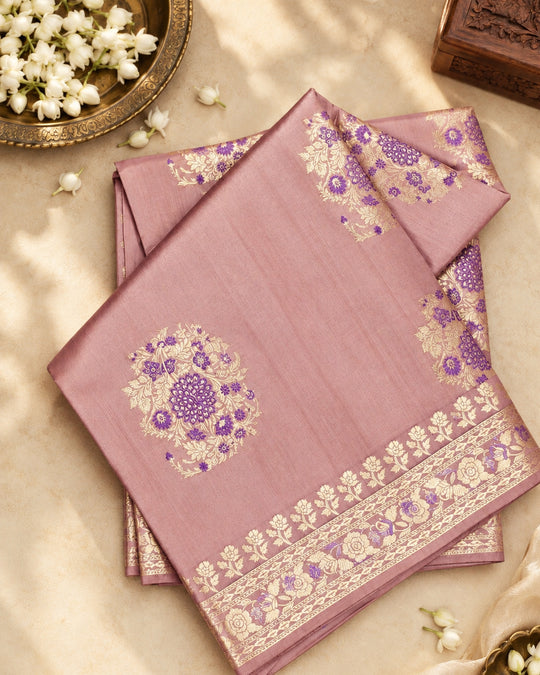 Dusty Rose Pure Banarasi Saree with Exquisite Floral Jaal Motifs Weaves