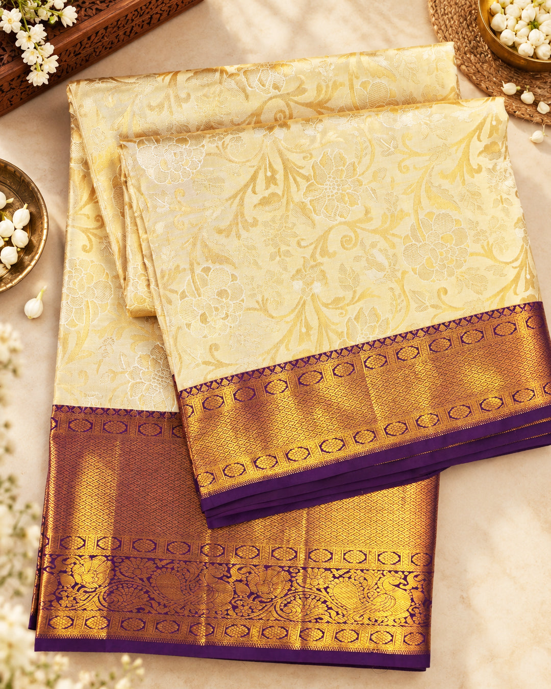 Ivory Cream Pure Kanjivaram Saree with Floral Jaal Vine Weaving