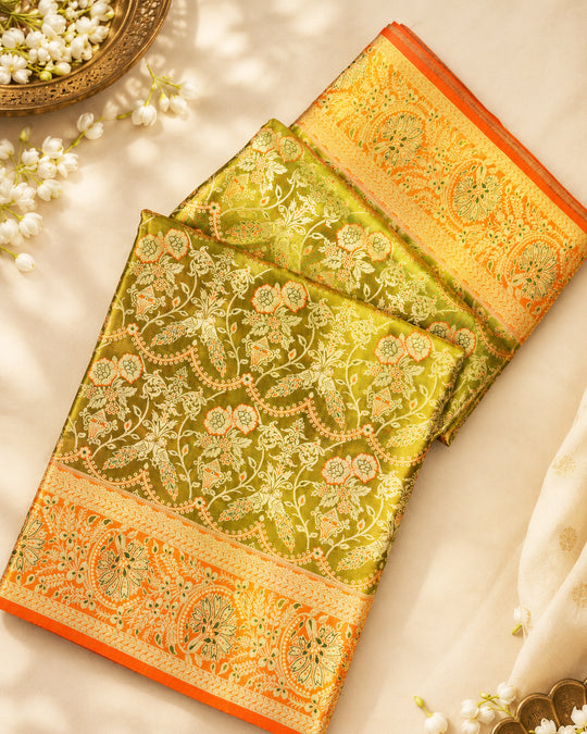 Olive Green Pure Kanjivaram Saree with Exquisite Golden Zari Floral Vine Weaving