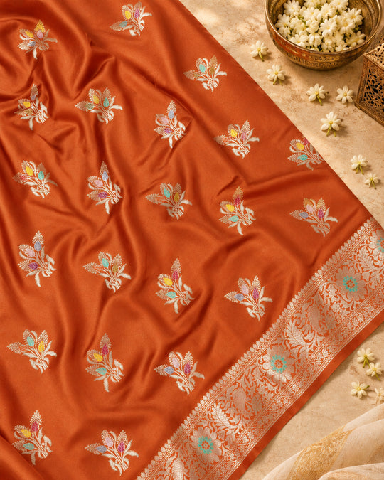 Terracotta Pure Banarasi Saree with Graceful Floral Butidar Weaves