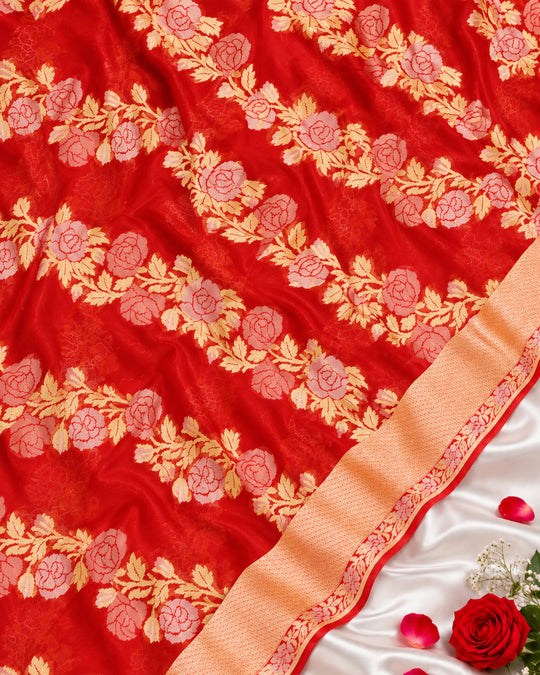 Red Pure Chiffon Saree with Intricate Golden Botanical Rose Weaving