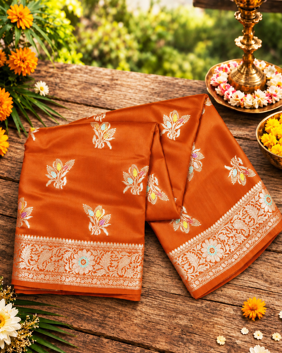Terracotta Pure Banarasi Saree with Graceful Floral Butidar Weaves
