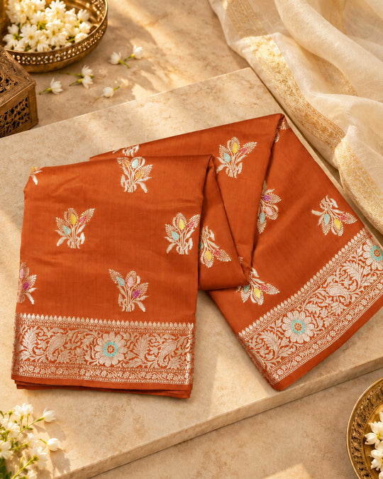 Terracotta Pure Banarasi Saree with Graceful Floral Butidar Weaves
