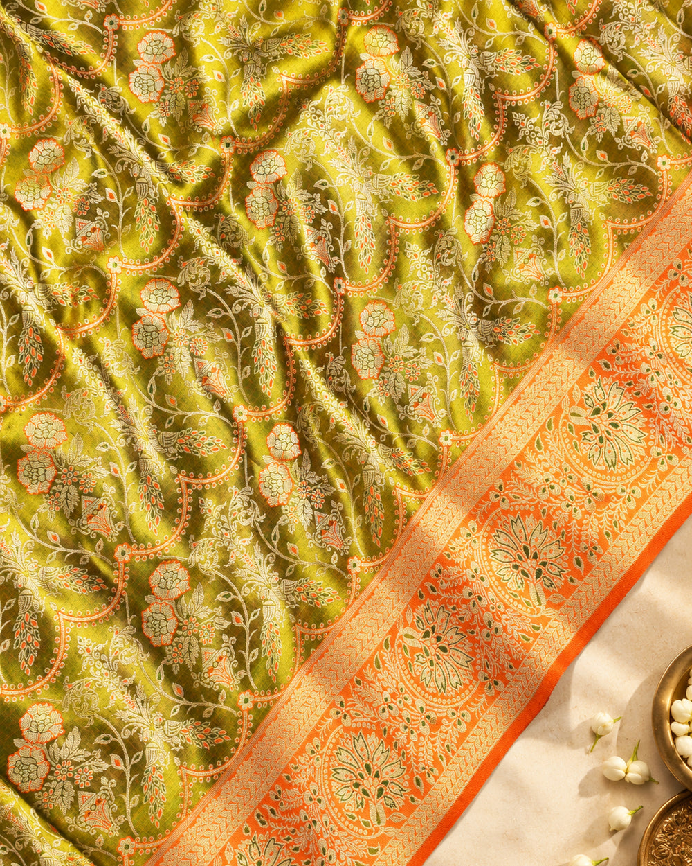 Olive Green Pure Kanjivaram Saree with Exquisite Golden Zari Floral Vine Weaving
