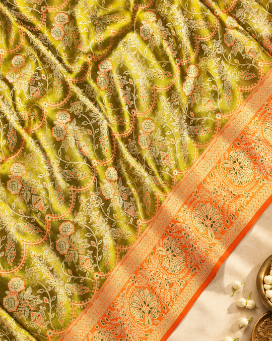 Olive Green Pure Kanjivaram Saree with Exquisite Golden Zari Floral Vine Weaving