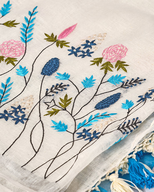 White Tranquil Blue Pure Linen Saree with Floral Blooming Hand Embroidery