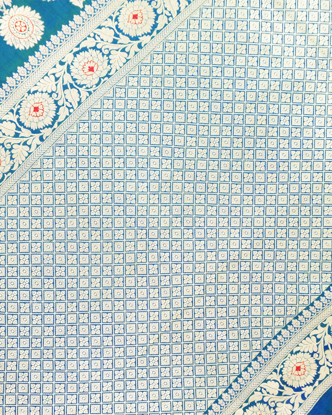 Peacock Blue Pure Katan Saree with Floral Vine Jaal