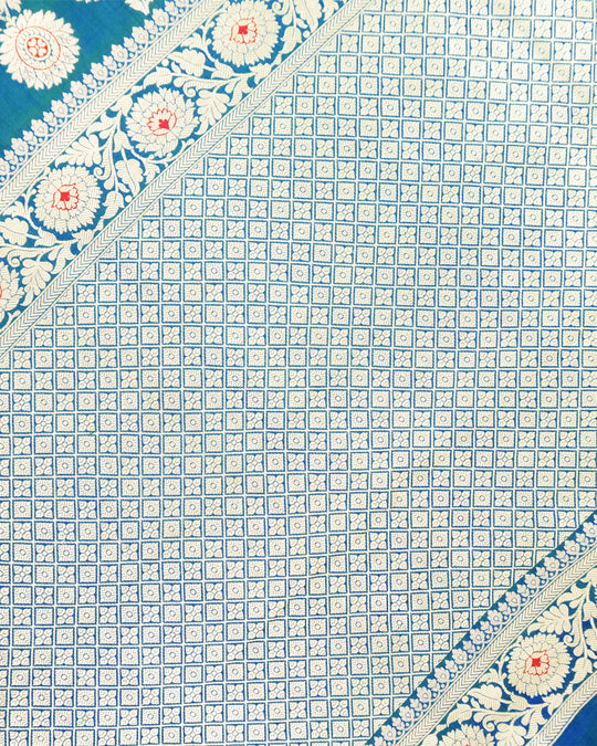 Peacock Blue Pure Katan Saree with Floral Vine Jaal