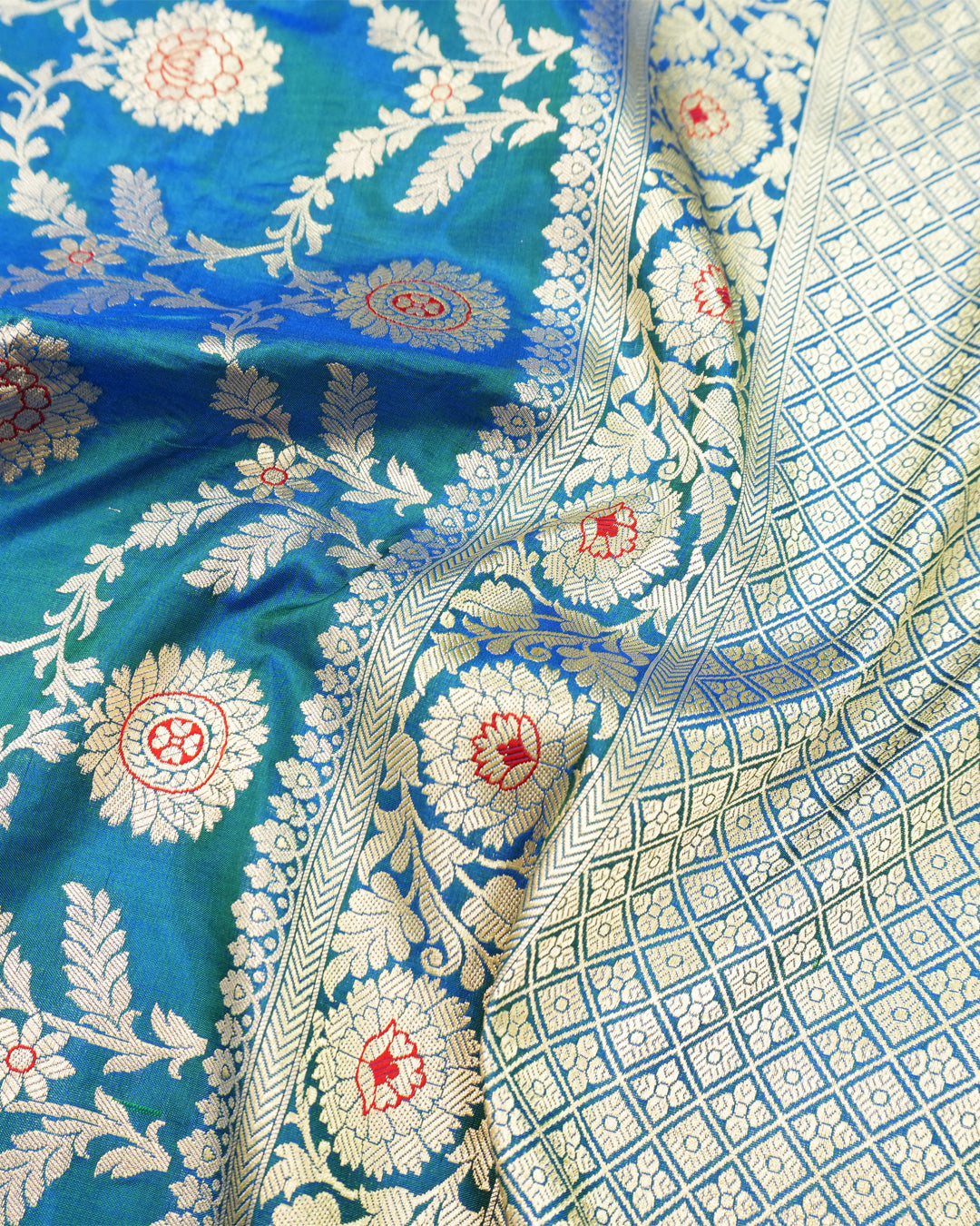 Peacock Blue Pure Katan Saree with Floral Vine Jaal