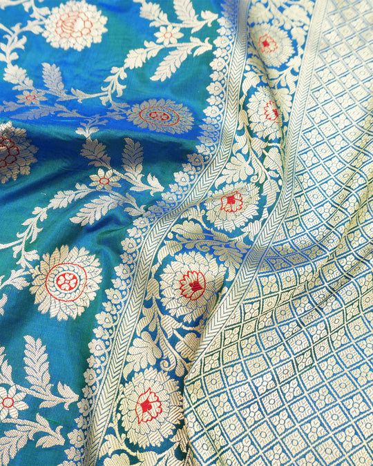 Peacock Blue Pure Katan Saree with Floral Vine Jaal