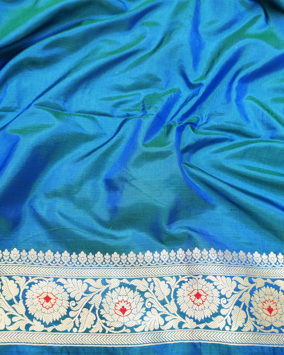 Peacock Blue Pure Katan Saree with Floral Vine Jaal