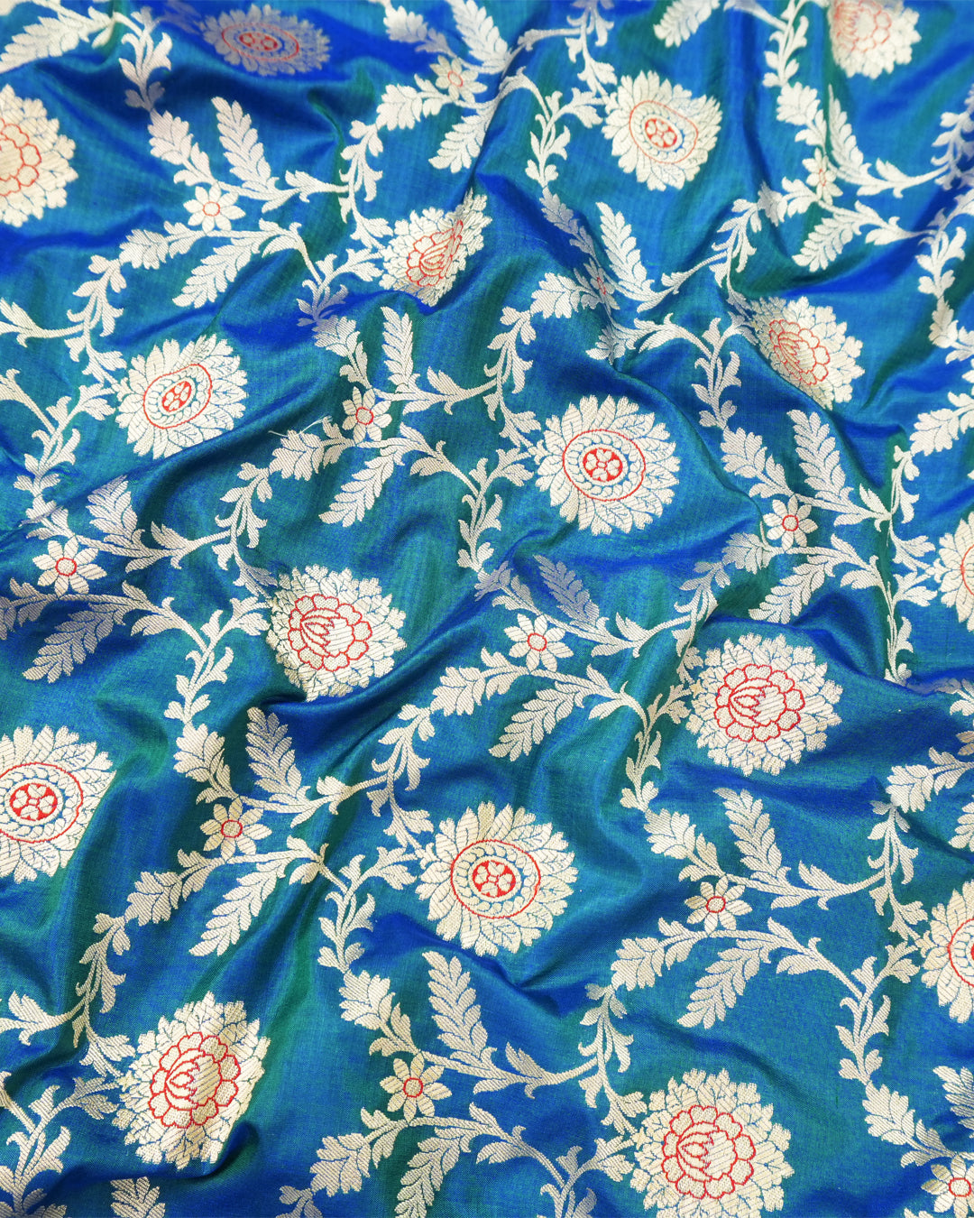 Peacock Blue Pure Katan Saree with Floral Vine Jaal