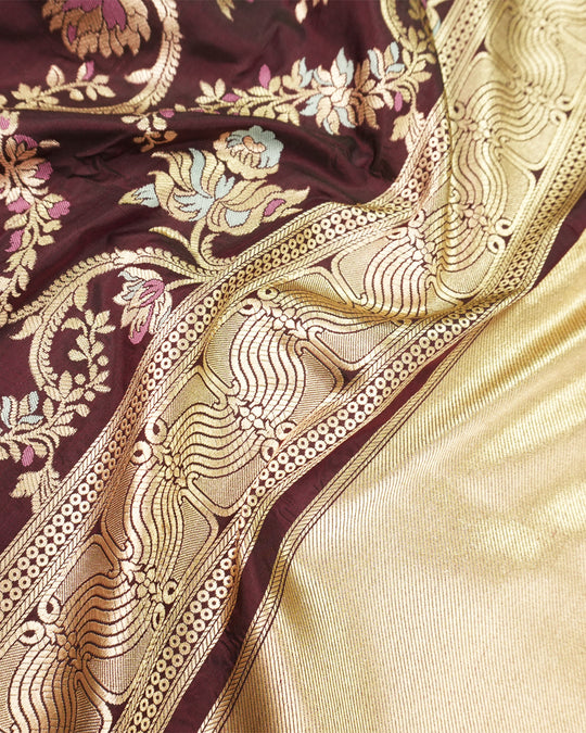 Deep Wine Pure Katan Saree with Floral Meenakari Jaal Weaving