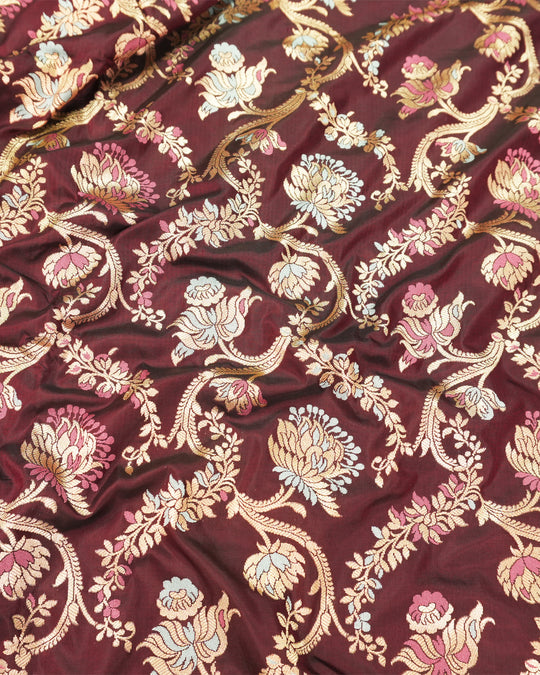 Deep Wine Pure Katan Saree with Floral Meenakari Jaal Weaving