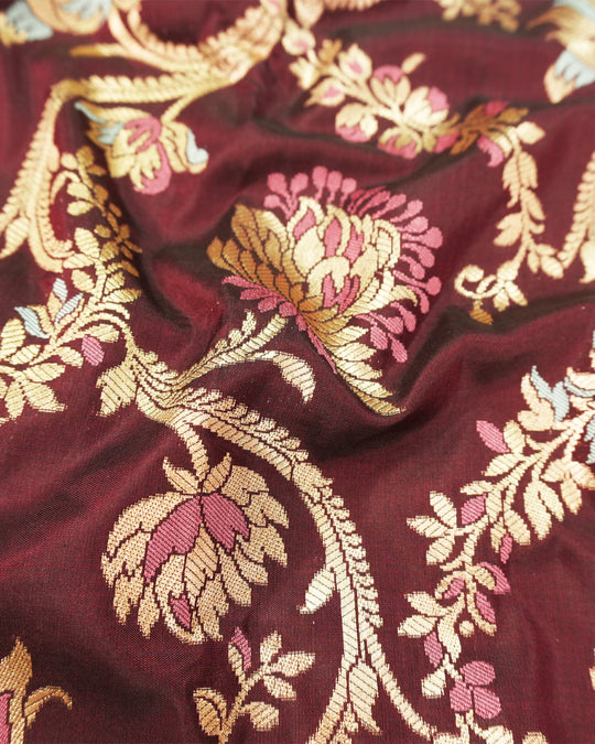 Deep Wine Pure Katan Saree with Floral Meenakari Jaal Weaving