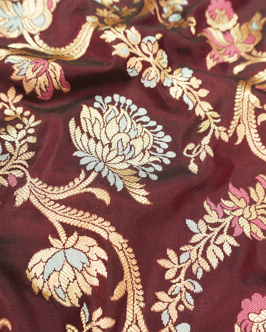 Deep Wine Pure Katan Saree with Floral Meenakari Jaal Weaving