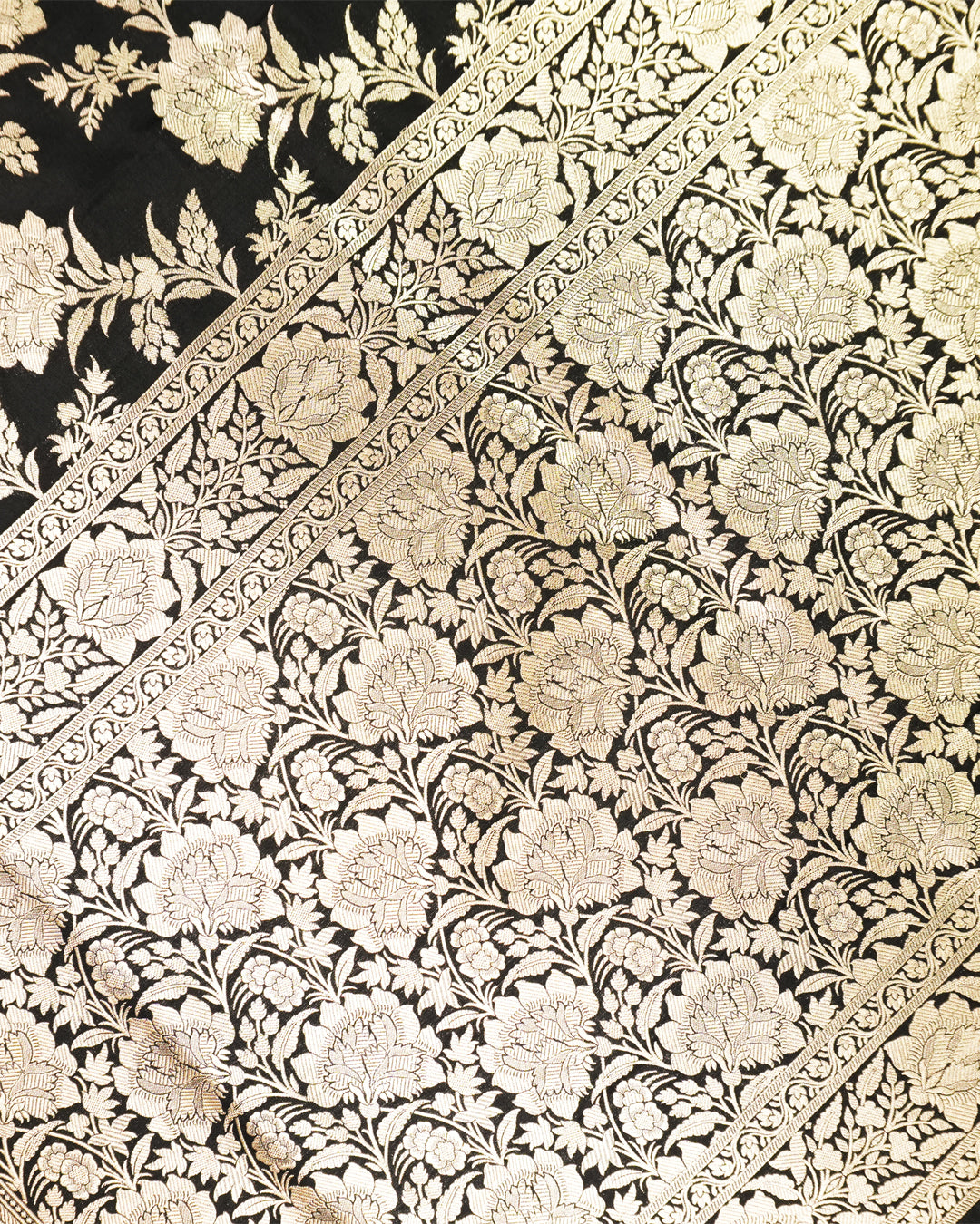 Black Pure Katan Saree with Floral Jaal Weaving