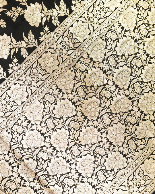 Black Pure Katan Saree with Floral Jaal Weaving