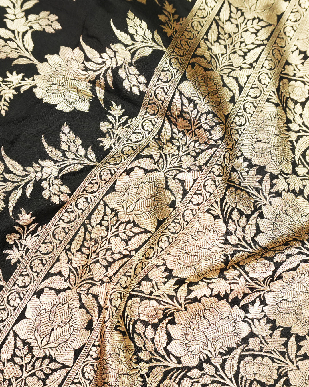Black Pure Katan Saree with Floral Jaal Weaving