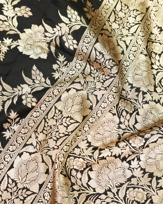 Black Pure Katan Saree with Floral Jaal Weaving
