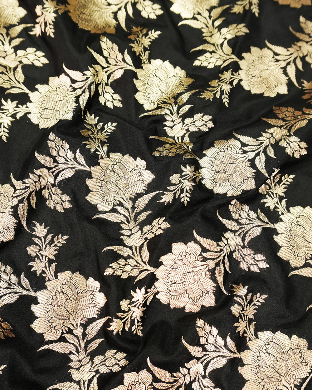Black Pure Katan Saree with Floral Jaal Weaving