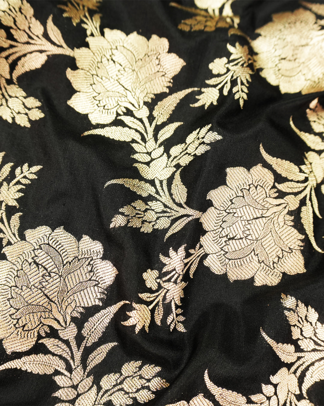 Black Pure Katan Saree with Floral Jaal Weaving