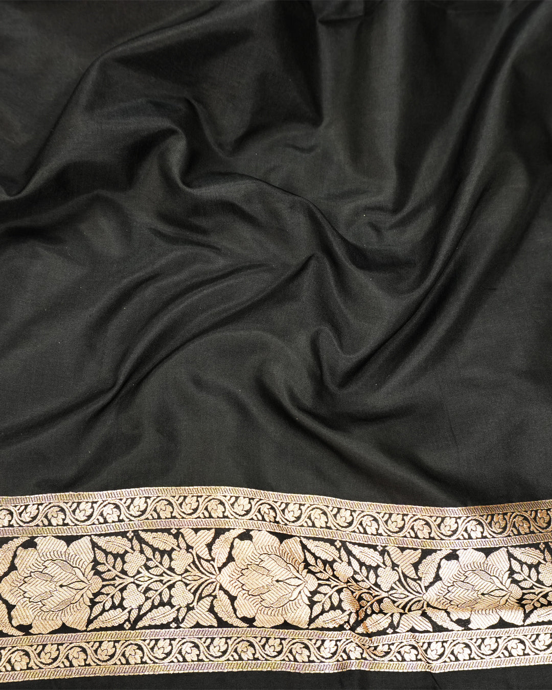 Black Pure Katan Saree with Floral Jaal Weaving