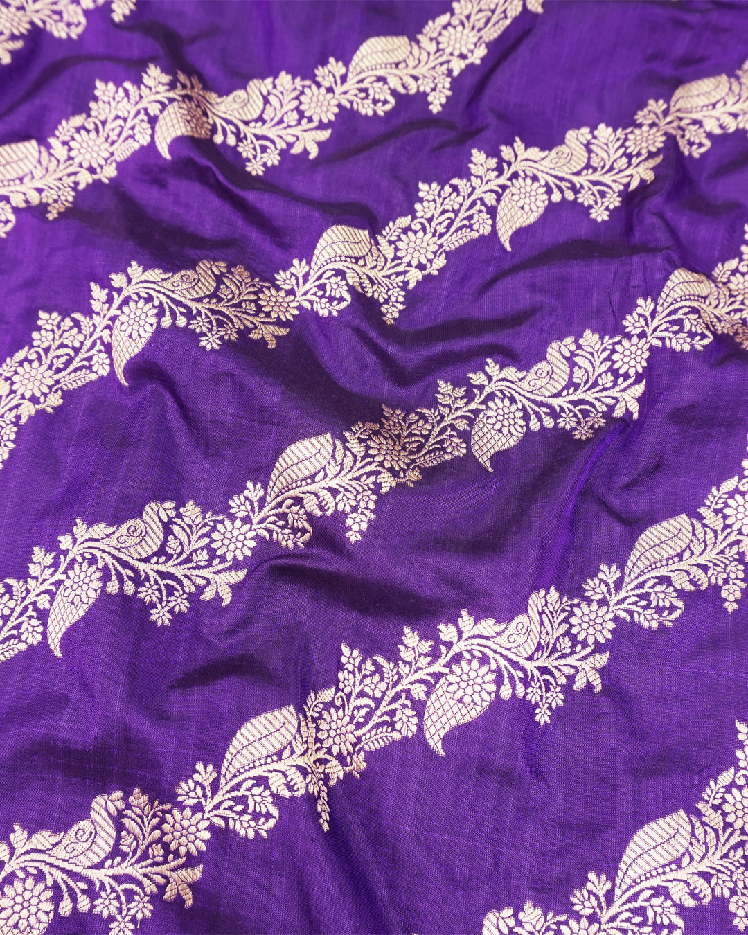 Purple Pure Katan Dupatta with Diagonal Floral Zari Bel Weaving