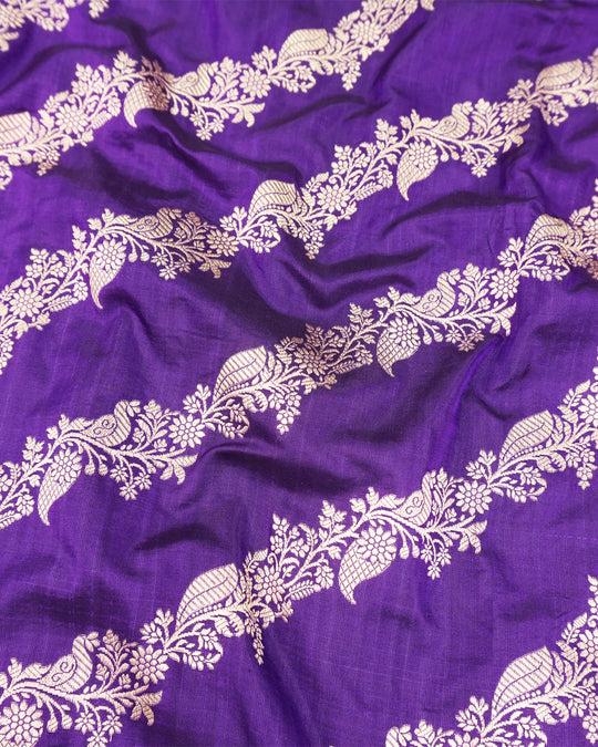Purple Pure Katan Dupatta with Diagonal Floral Zari Bel Weaving