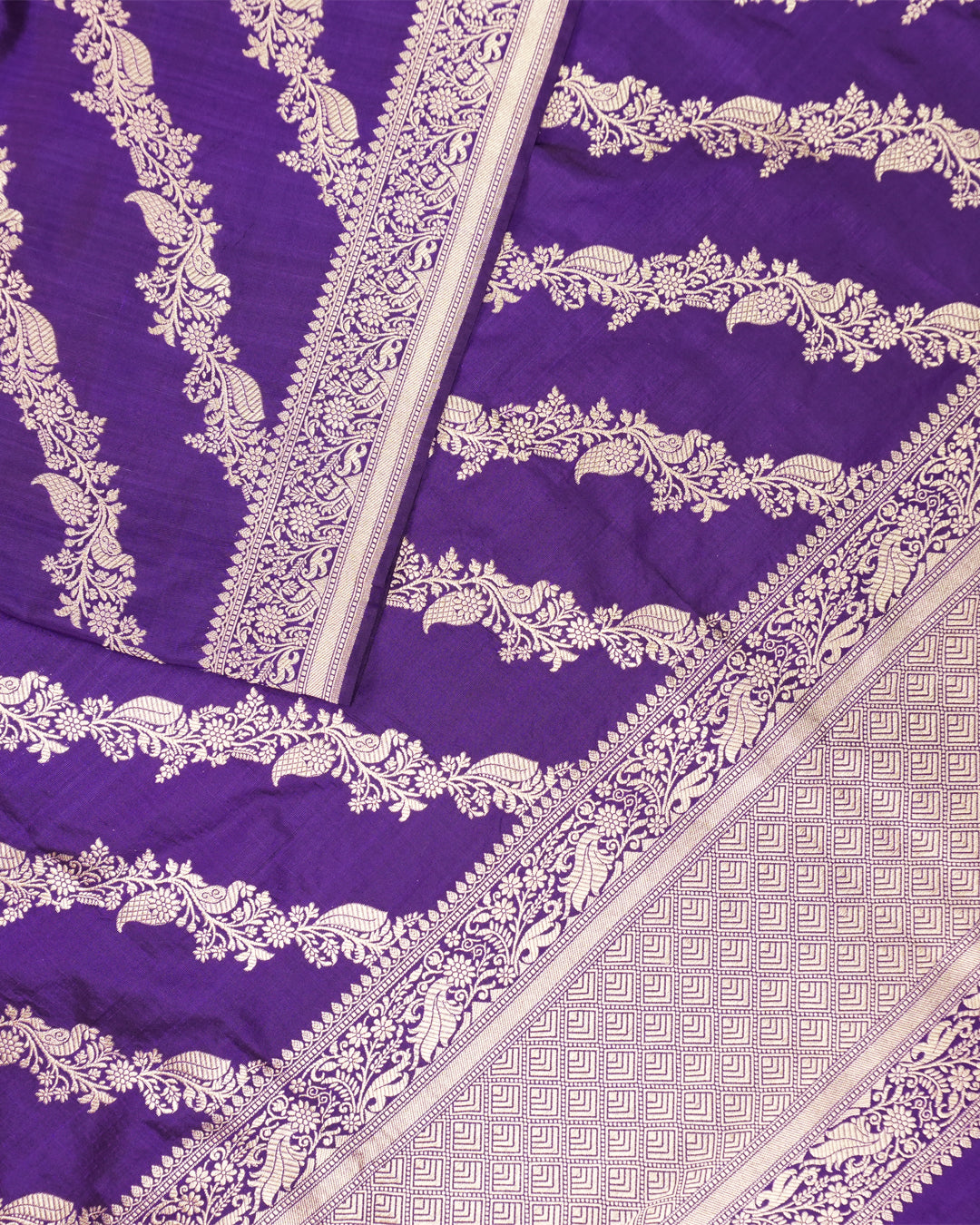 Purple Pure Katan Dupatta with Diagonal Floral Zari Bel Weaving