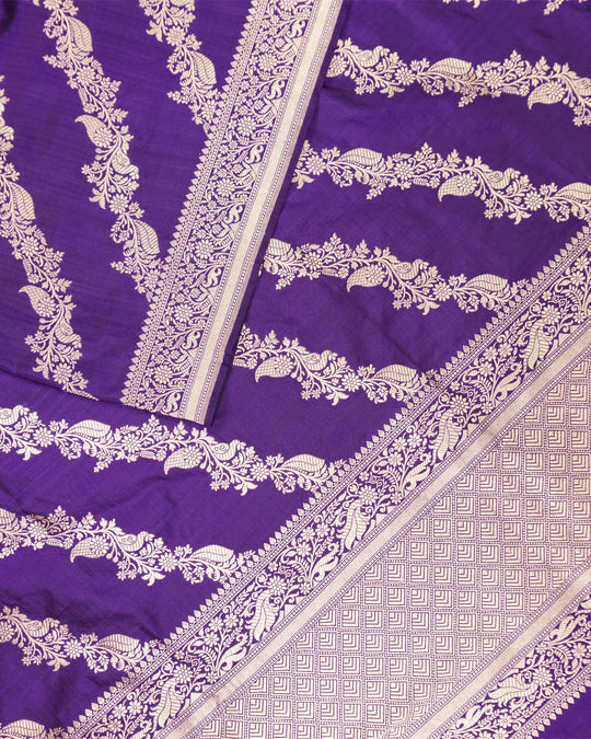 Purple Pure Katan Dupatta with Diagonal Floral Zari Bel Weaving
