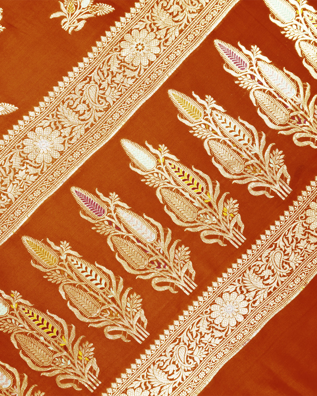 Terracotta Pure Banarasi Saree with Graceful Floral Butidar Weaves