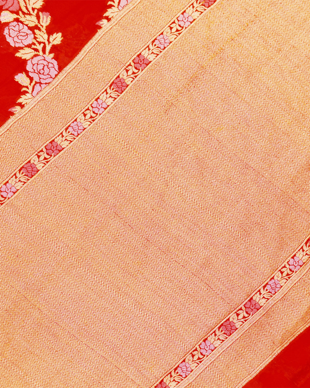 Red Pure Chiffon Saree with Intricate Golden Botanical Rose Weaving
