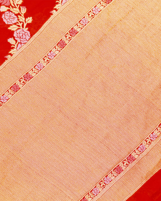 Red Pure Chiffon Saree with Intricate Golden Botanical Rose Weaving