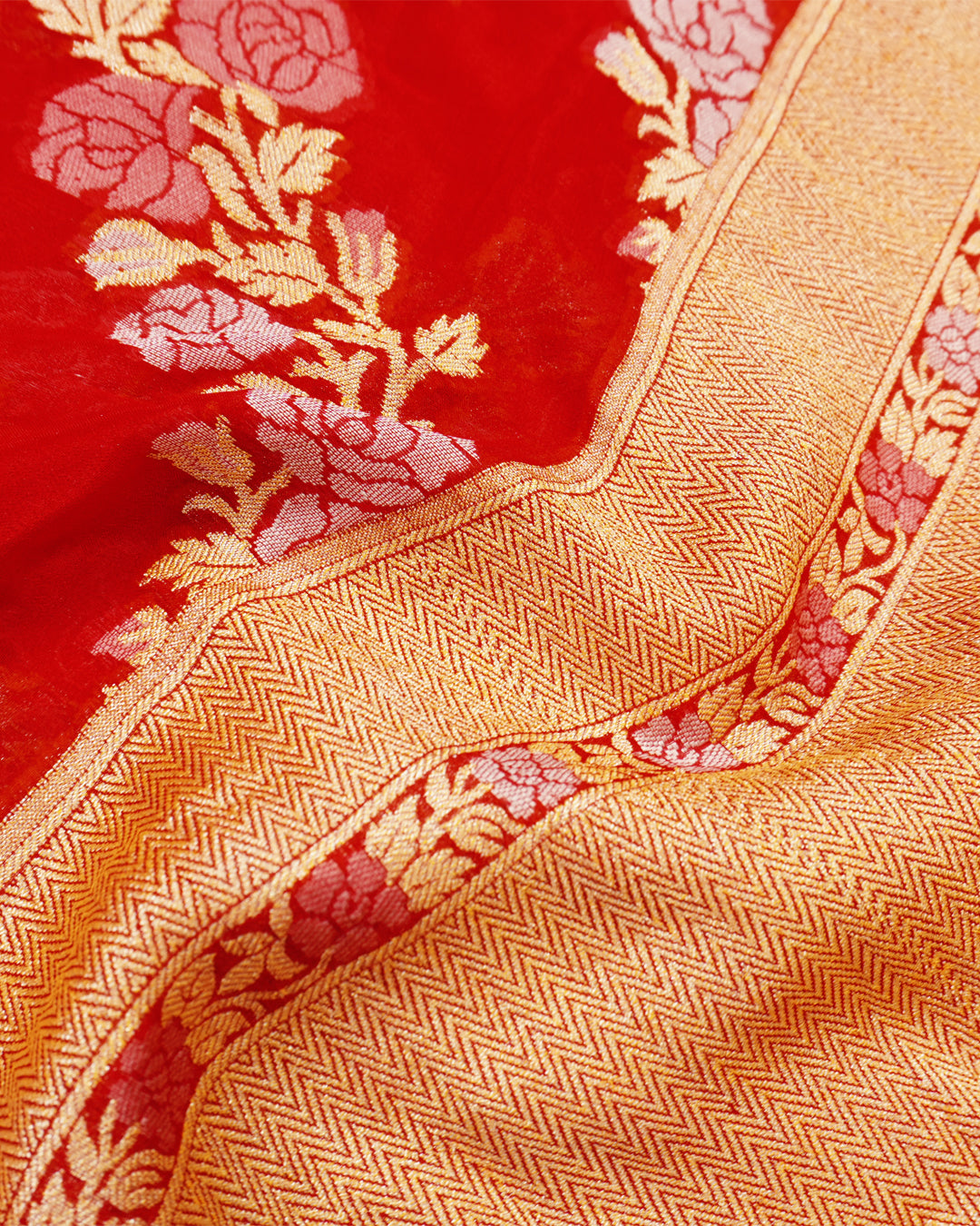 Red Pure Chiffon Saree with Intricate Golden Botanical Rose Weaving
