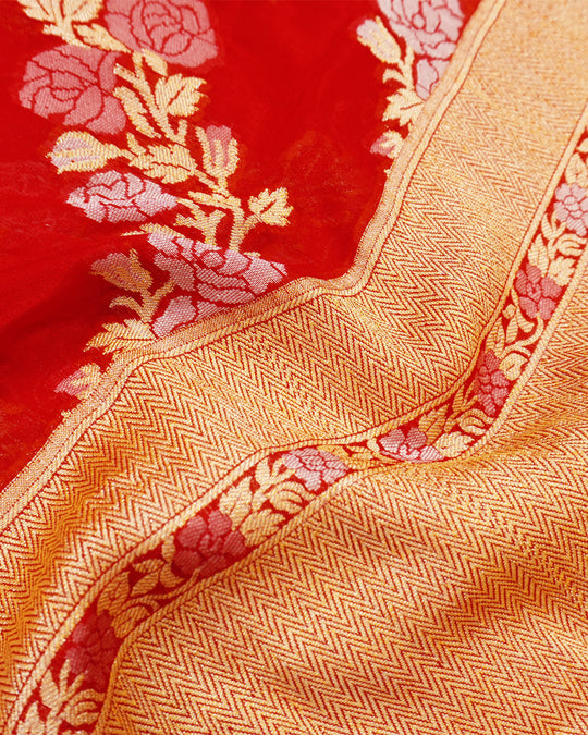 Red Pure Chiffon Saree with Intricate Golden Botanical Rose Weaving
