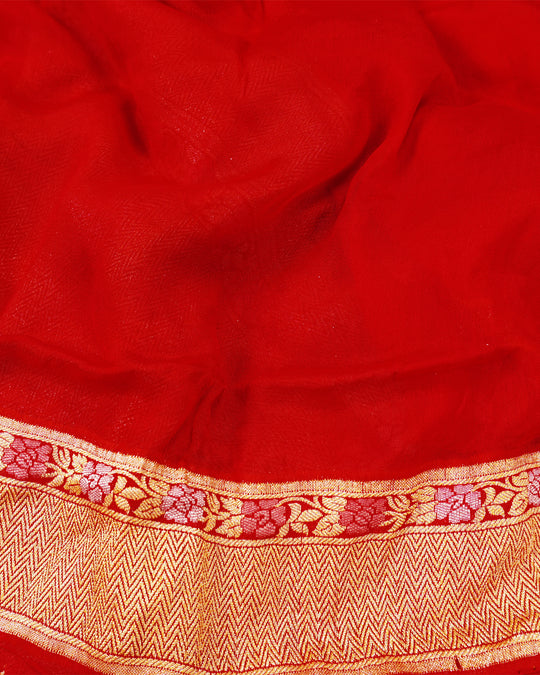 Red Pure Chiffon Saree with Intricate Golden Botanical Rose Weaving