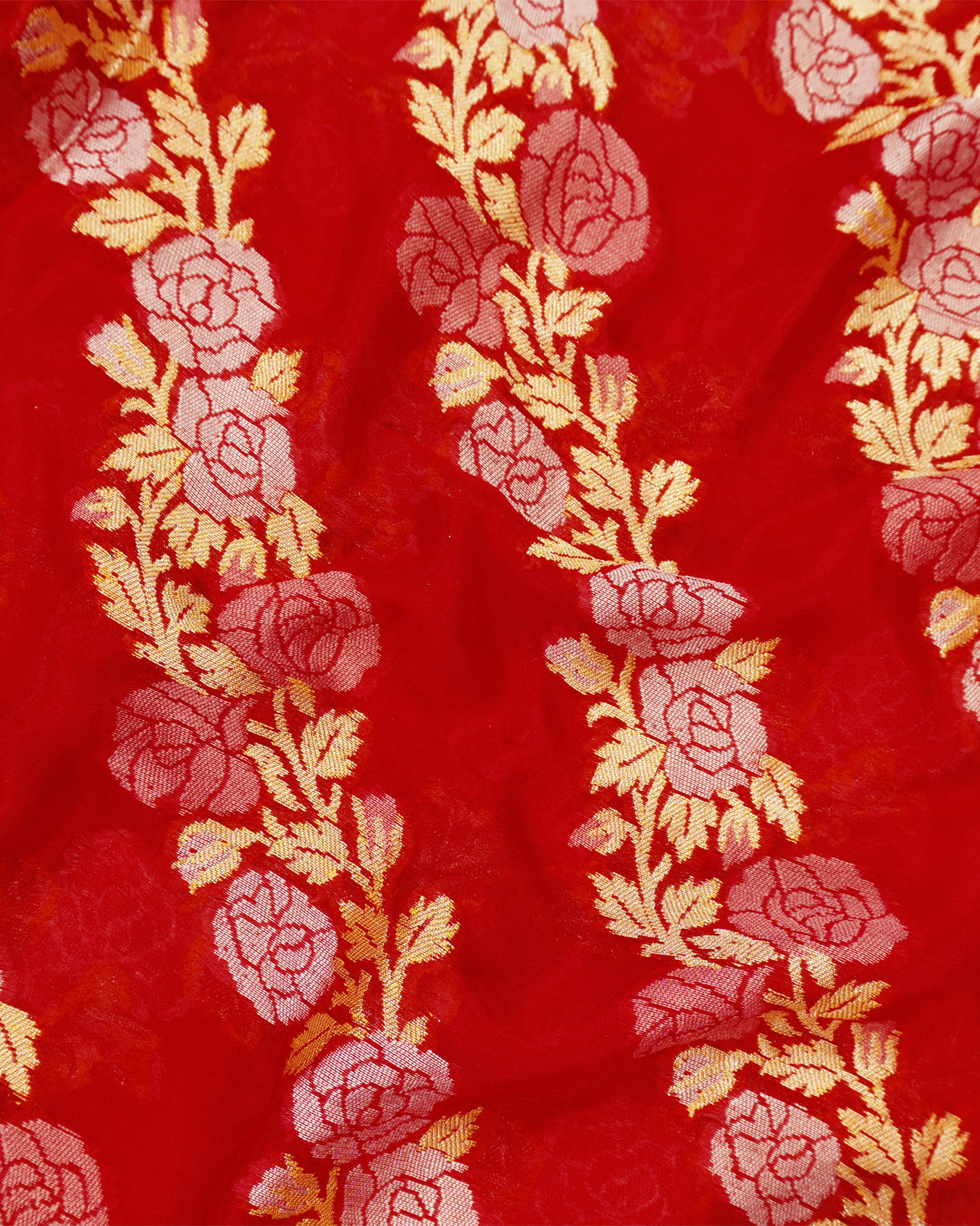 Red Pure Chiffon Saree with Intricate Golden Botanical Rose Weaving