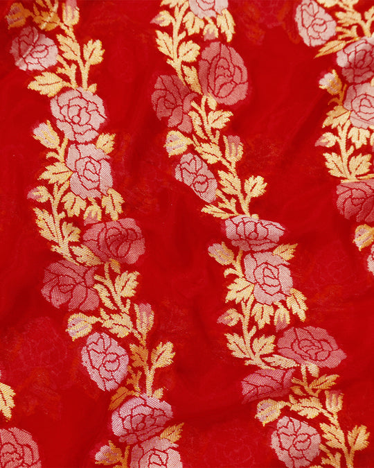 Red Pure Chiffon Saree with Intricate Golden Botanical Rose Weaving