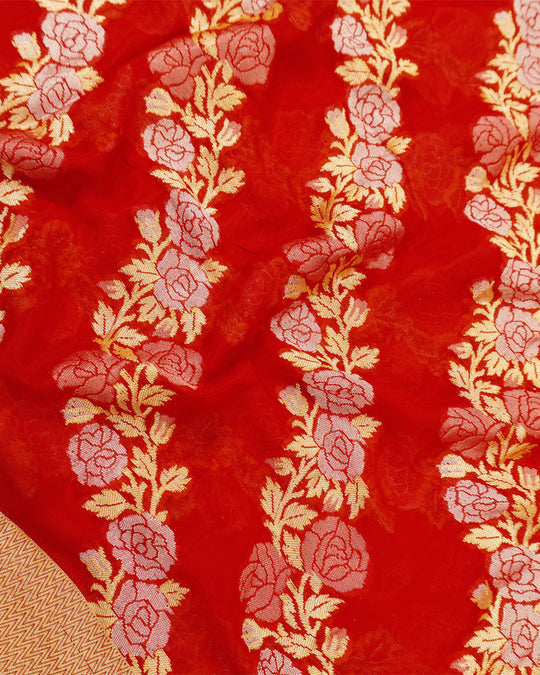 Red Pure Chiffon Saree with Intricate Golden Botanical Rose Weaving