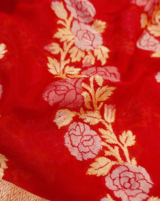 Red Pure Chiffon Saree with Intricate Golden Botanical Rose Weaving